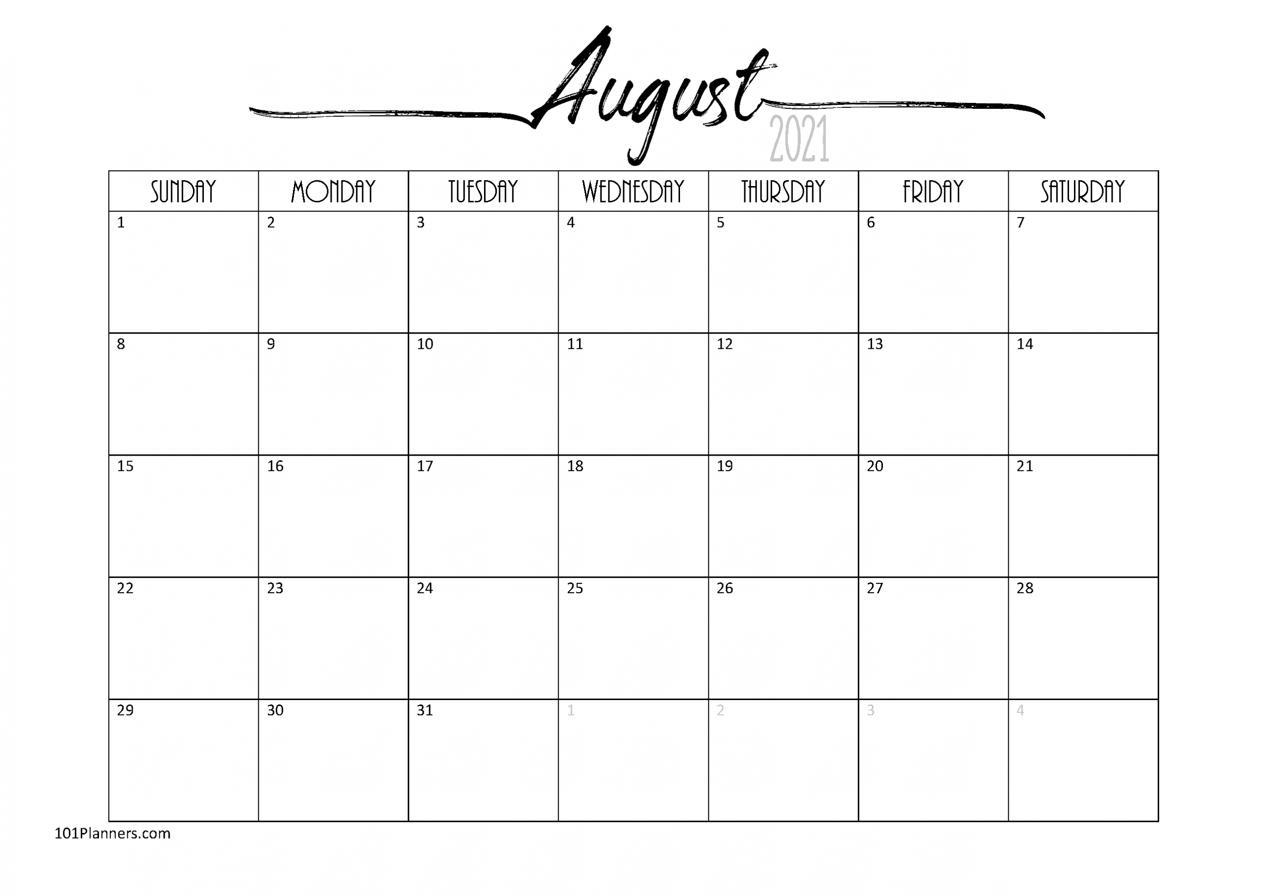 Free Printable August 2021 Calendar