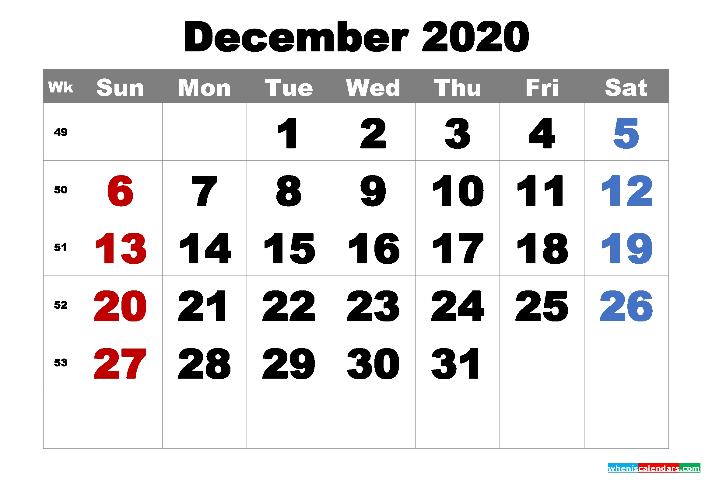 Free Printable December 2020 Calendar Word, Pdf, Image