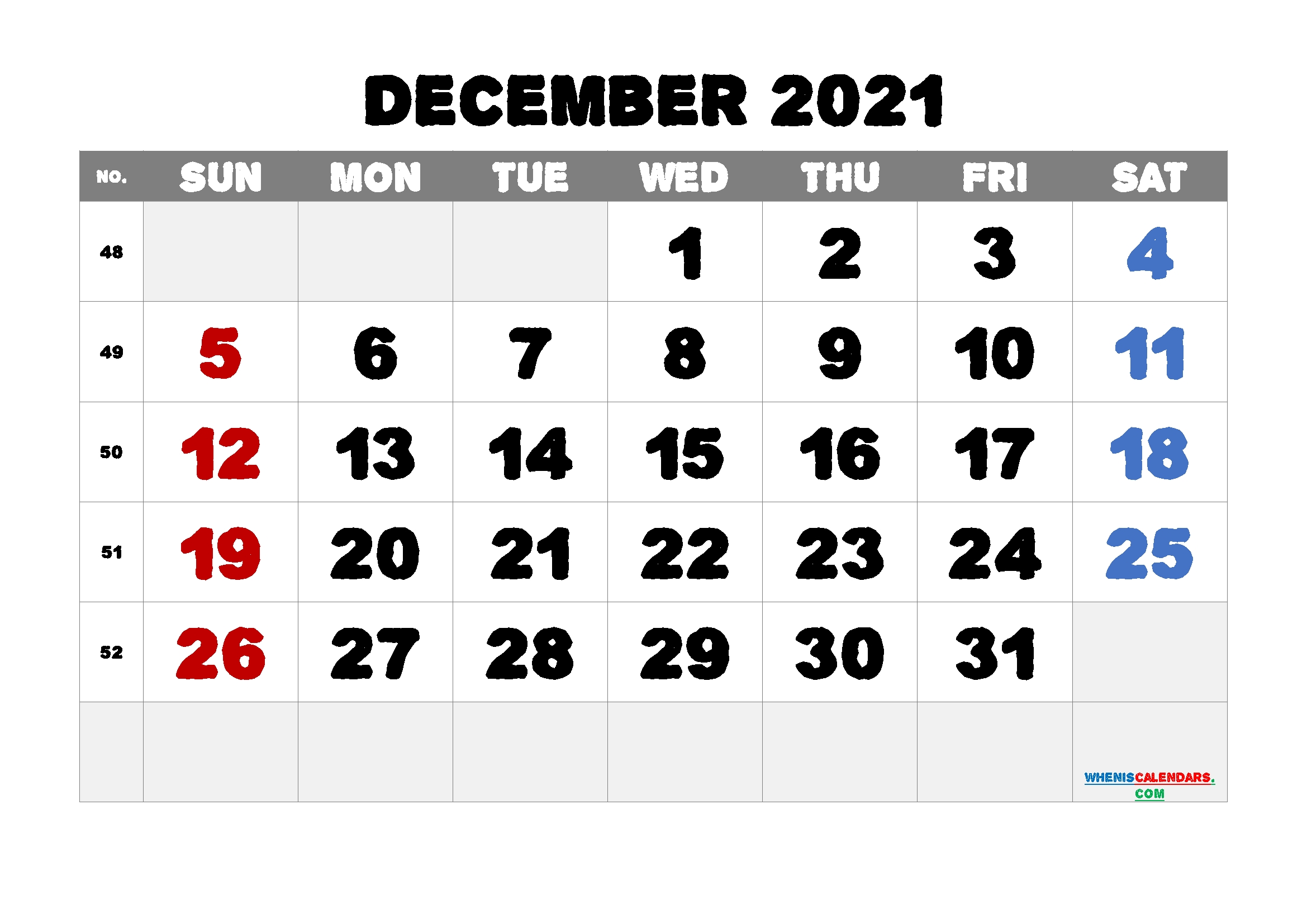 Free Printable December 2021 Calendar