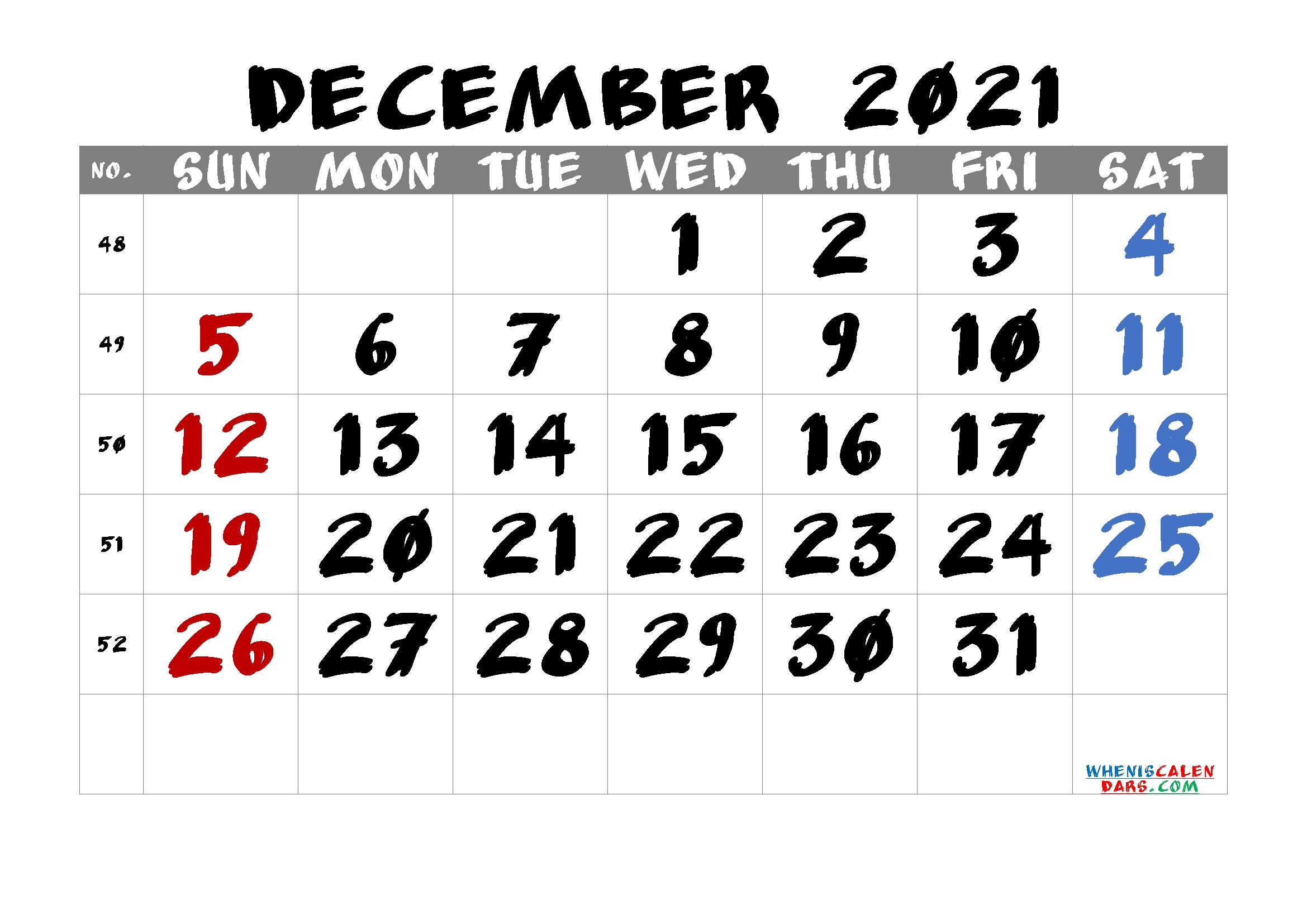 Free Printable December 2021 Calendar