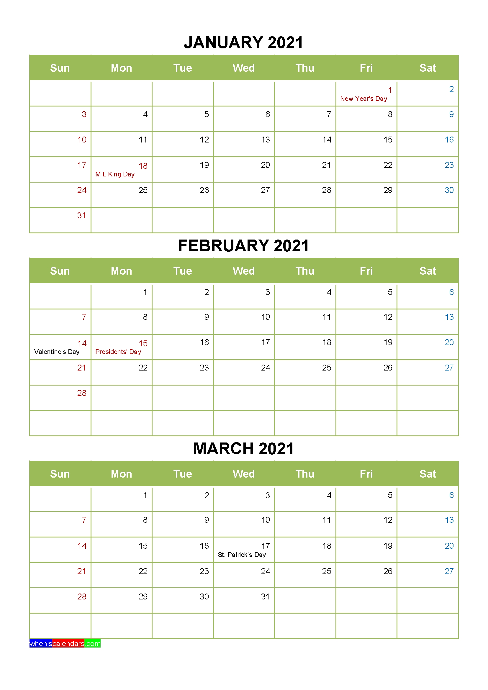 Free Printable January February March 2021 Calendar 3