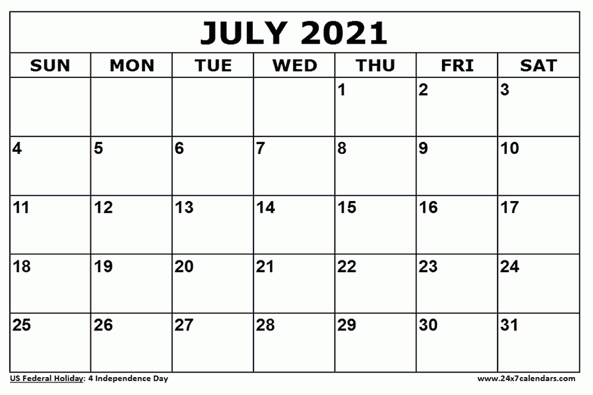 Free Printable July 2021 Calendar : 24X7Calendars