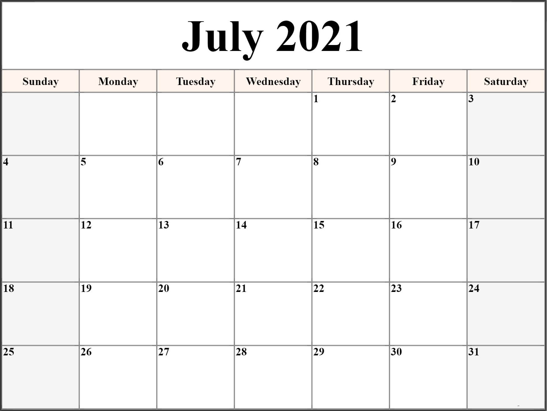 Free Printable July 2021 Calendar Template In Pdf &amp; Word