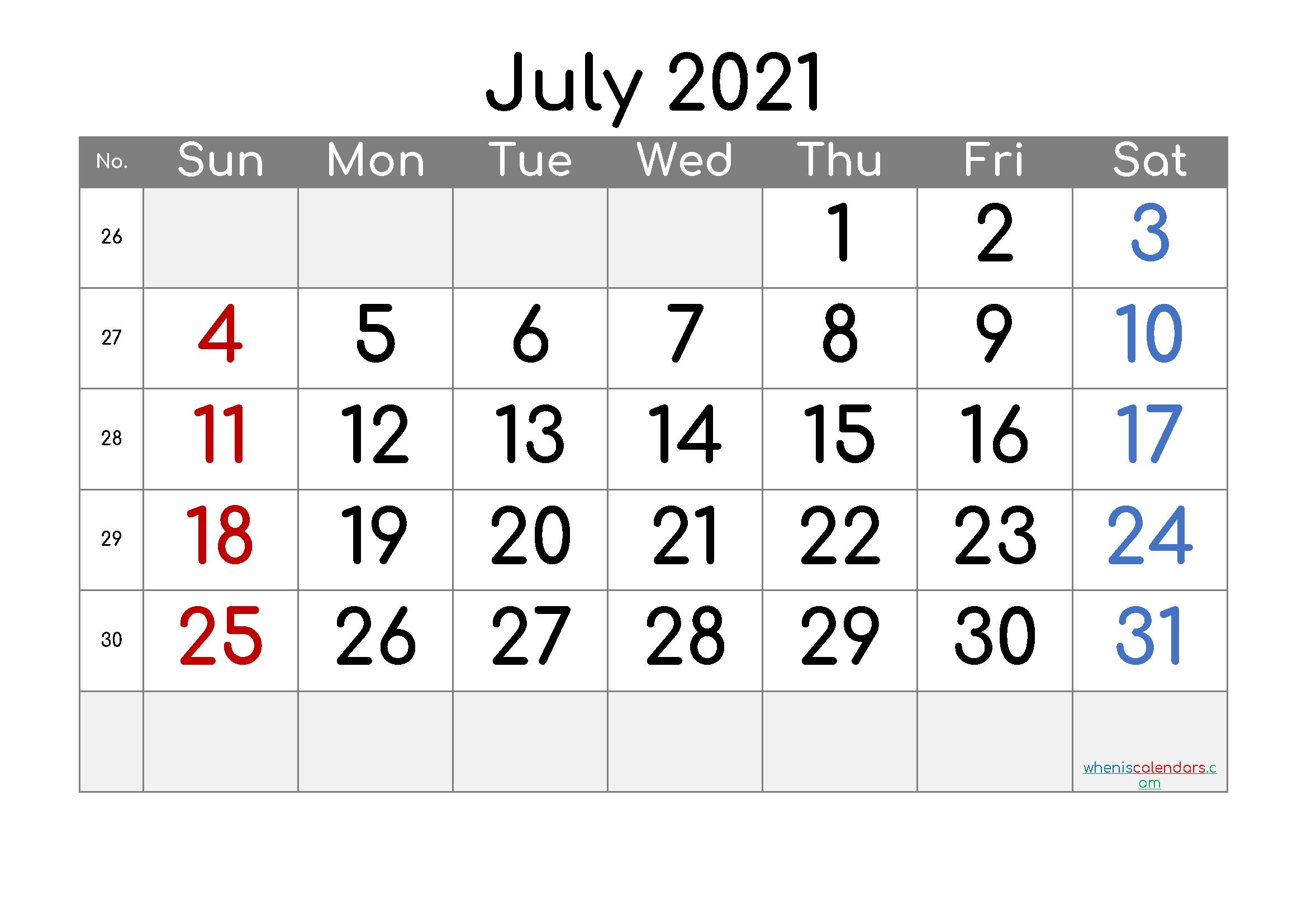 Free Printable July 2021 Calendar