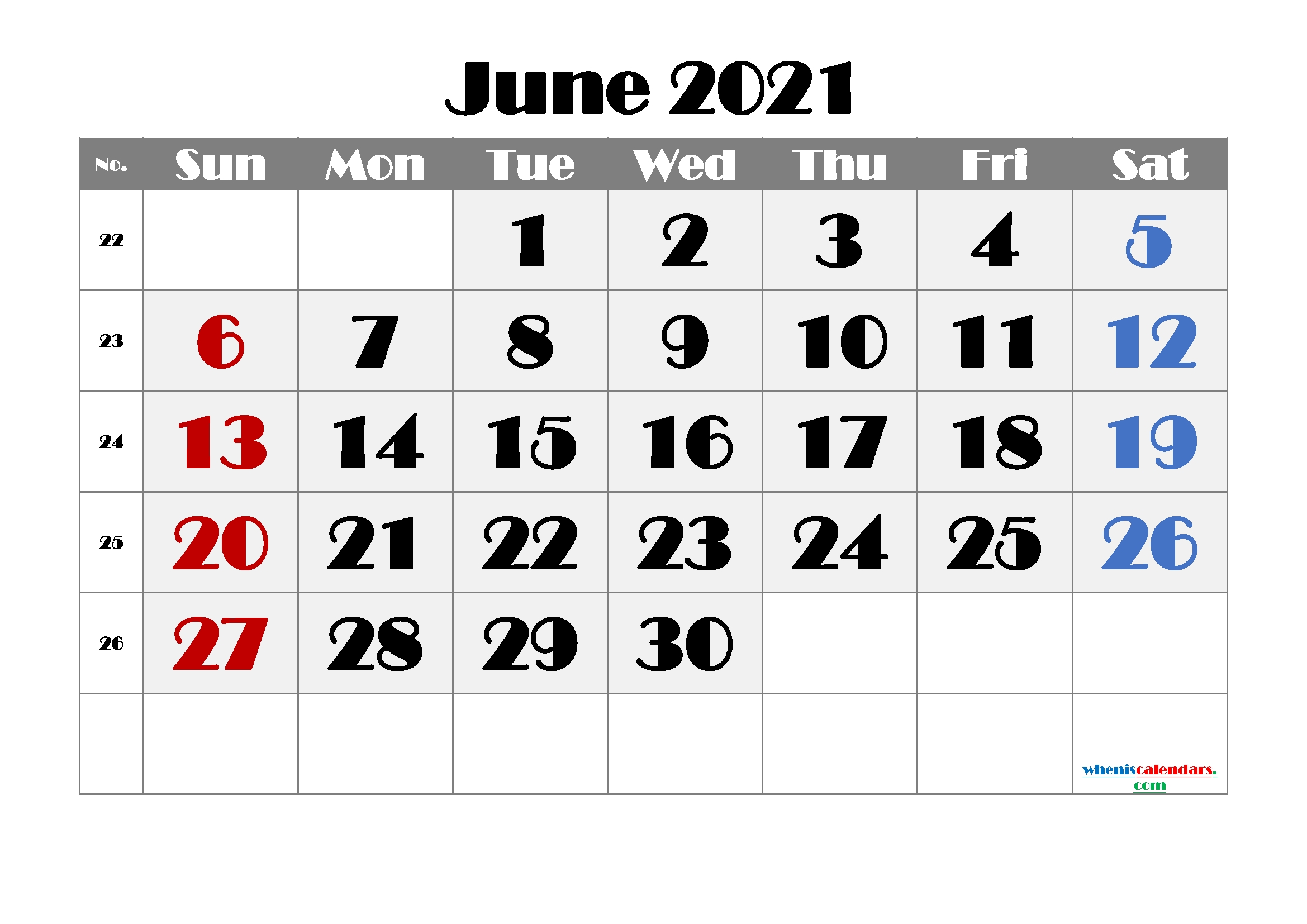 Free Printable June 2021 Calendar