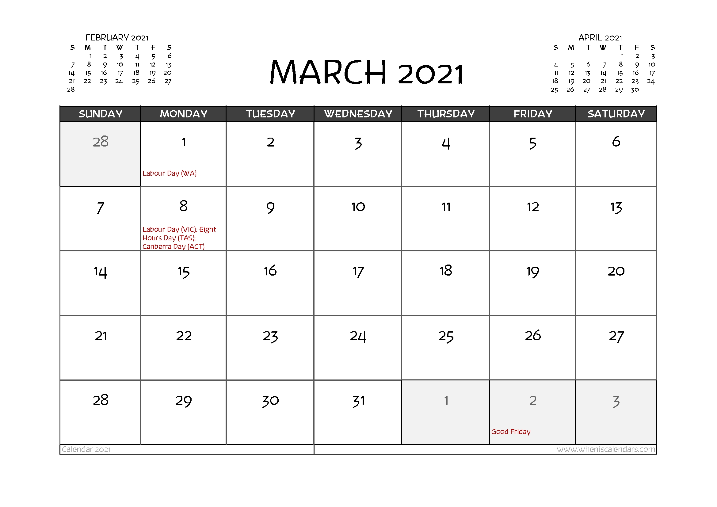 Free Printable March 2021 Calendar Australia