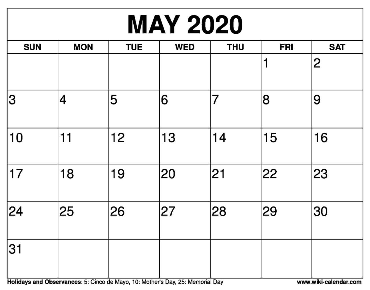 Free Printable May 2020 Calendar - Wiki-Calendar