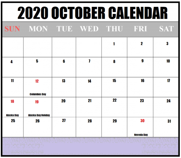 Free Printable October 2020 Calendar Blank Template With