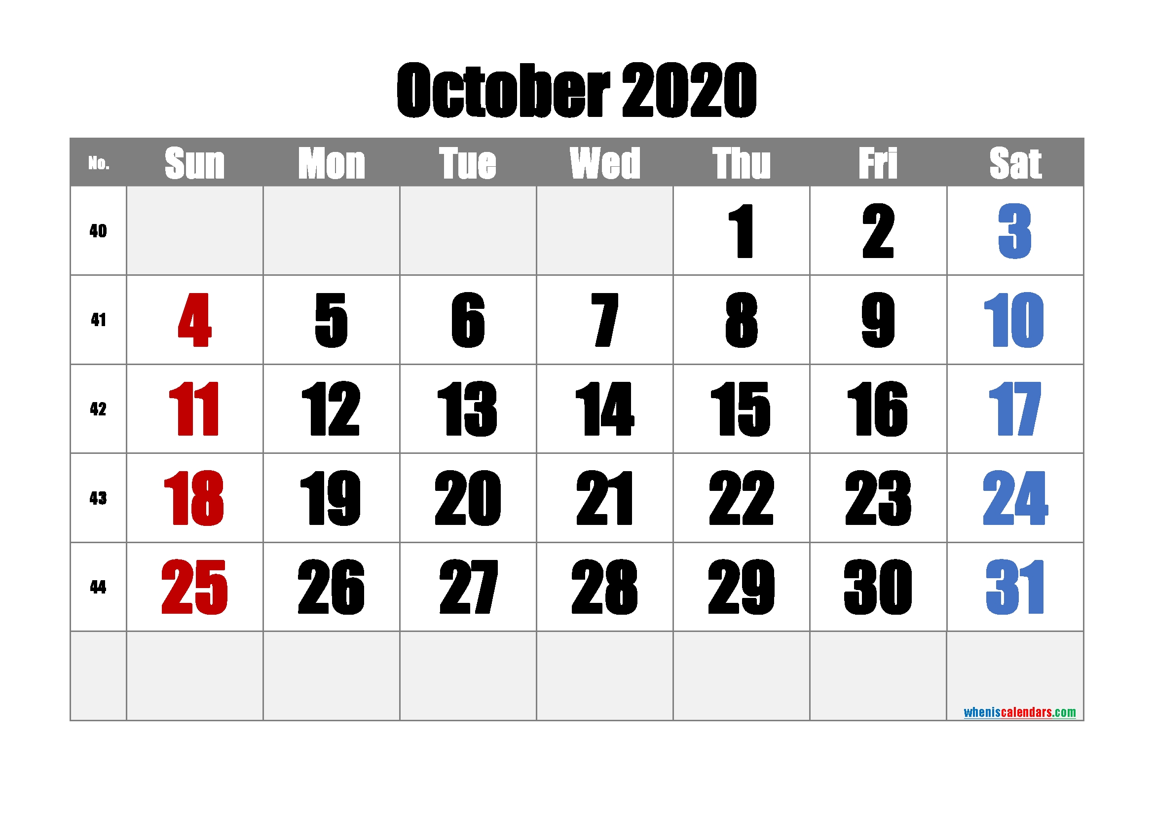 Free Printable October 2020 Calendar With Week Numbers