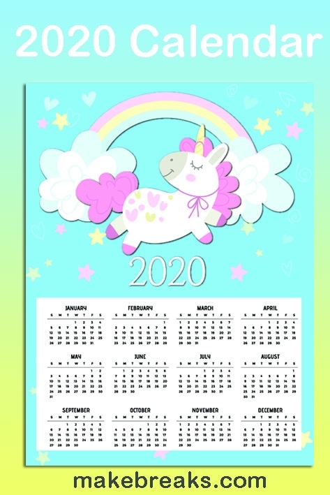 Free Printable Unicorn One Page 2020 Calendar 2 - Make Breaks