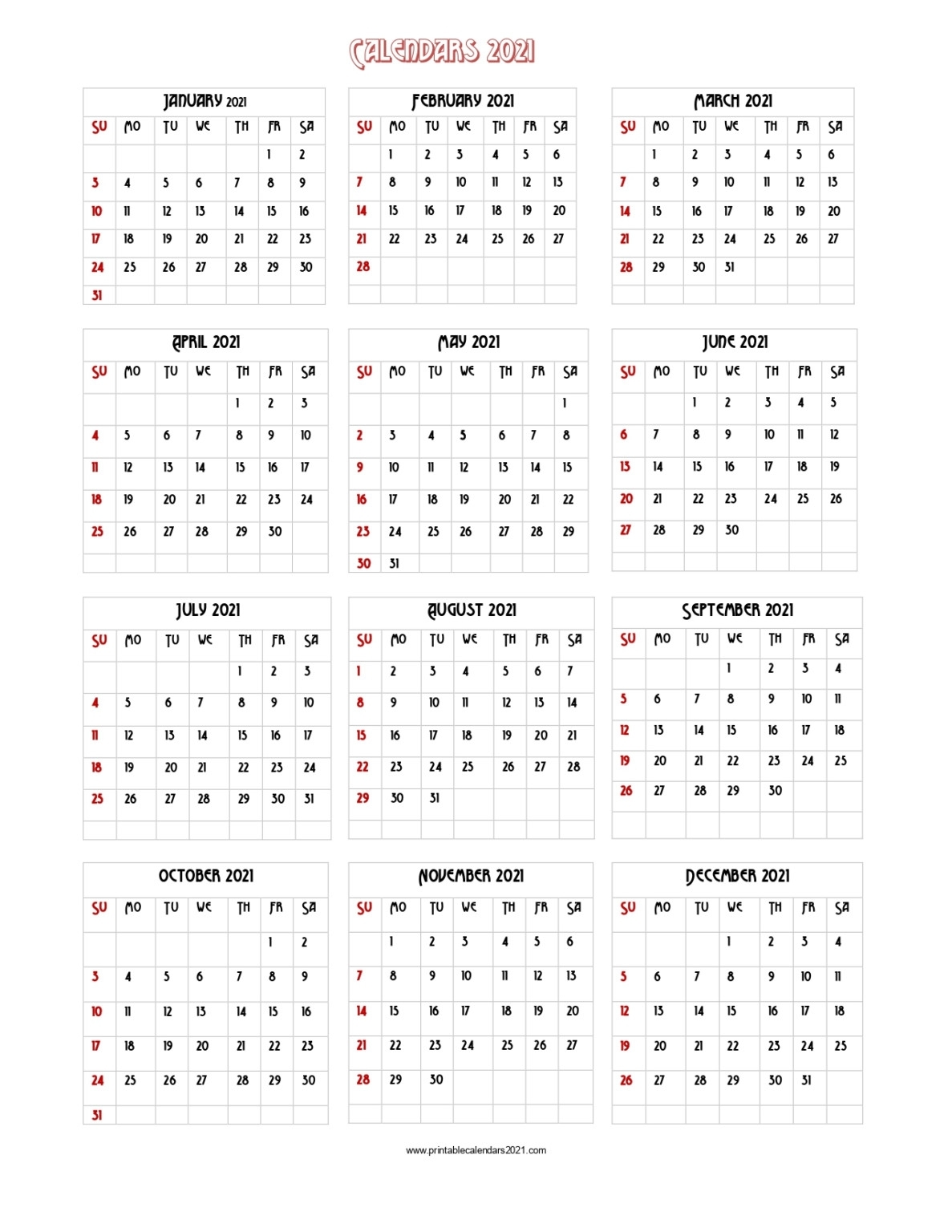 2021 Vertical Yearly Calendar