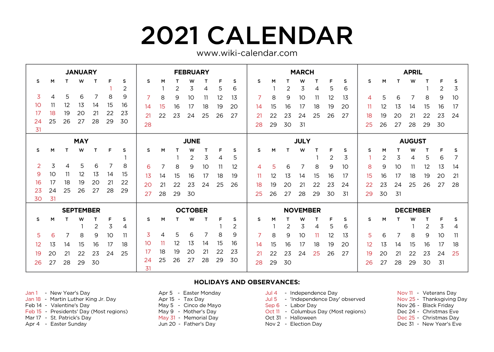 Free Printable Year 2021 Calendar With Holidays Inside