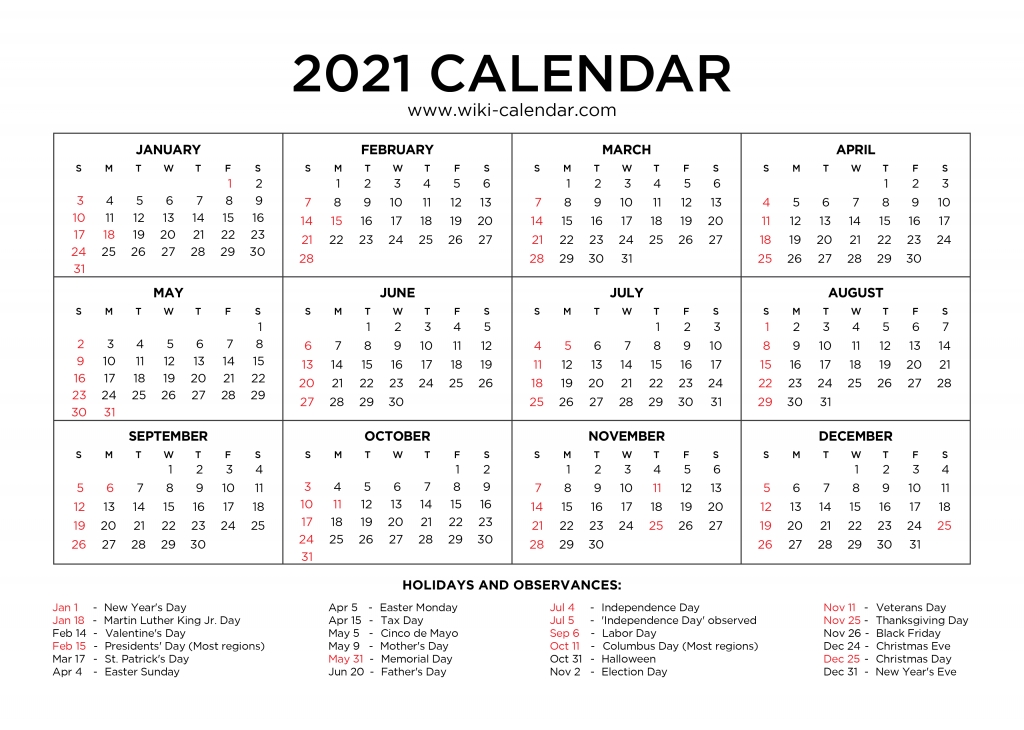 Free Printable Year 2021 Calendar With Holidays