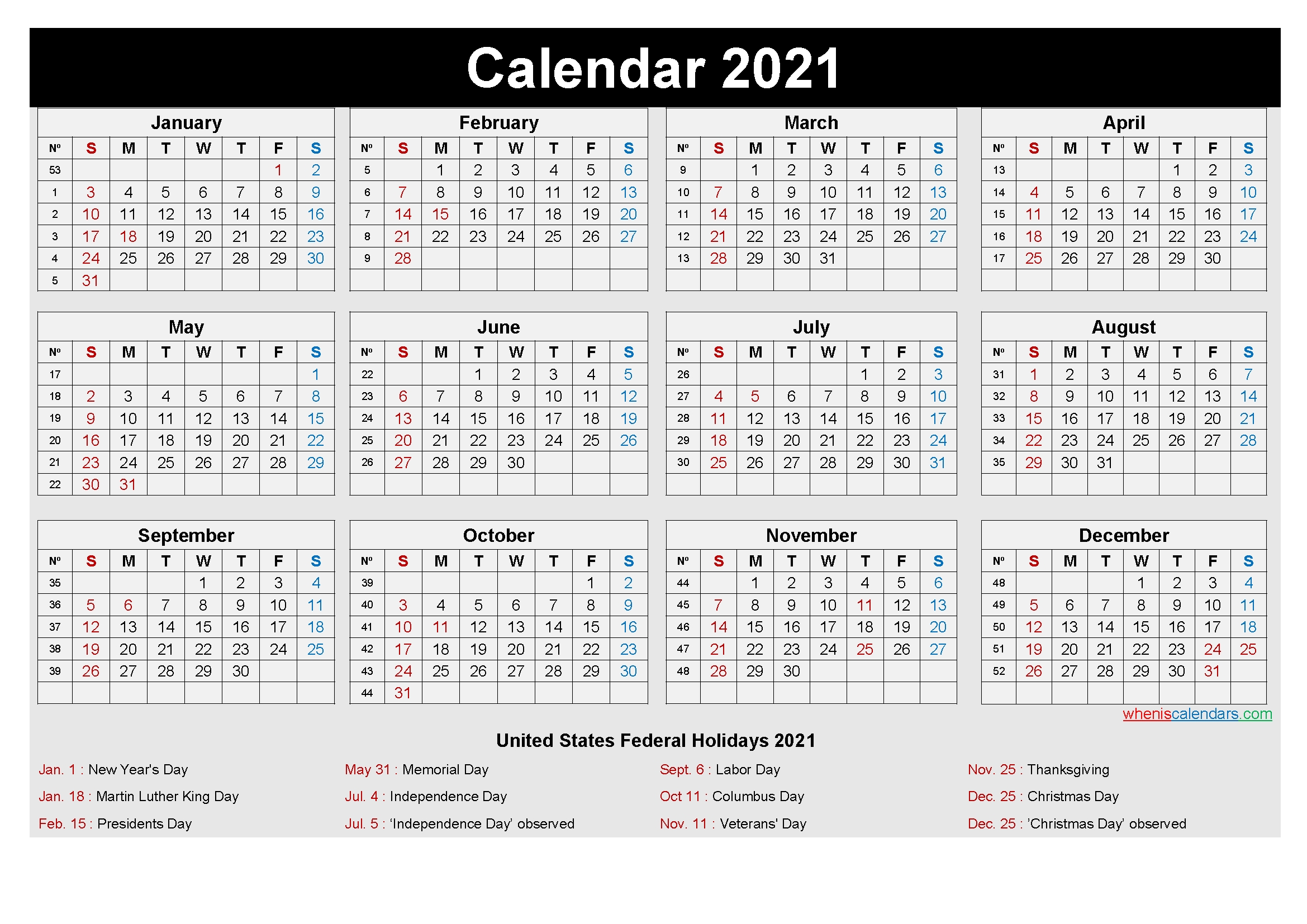 Free Printable Yearly 2021 Calendar With Holidays As Word, Pdf