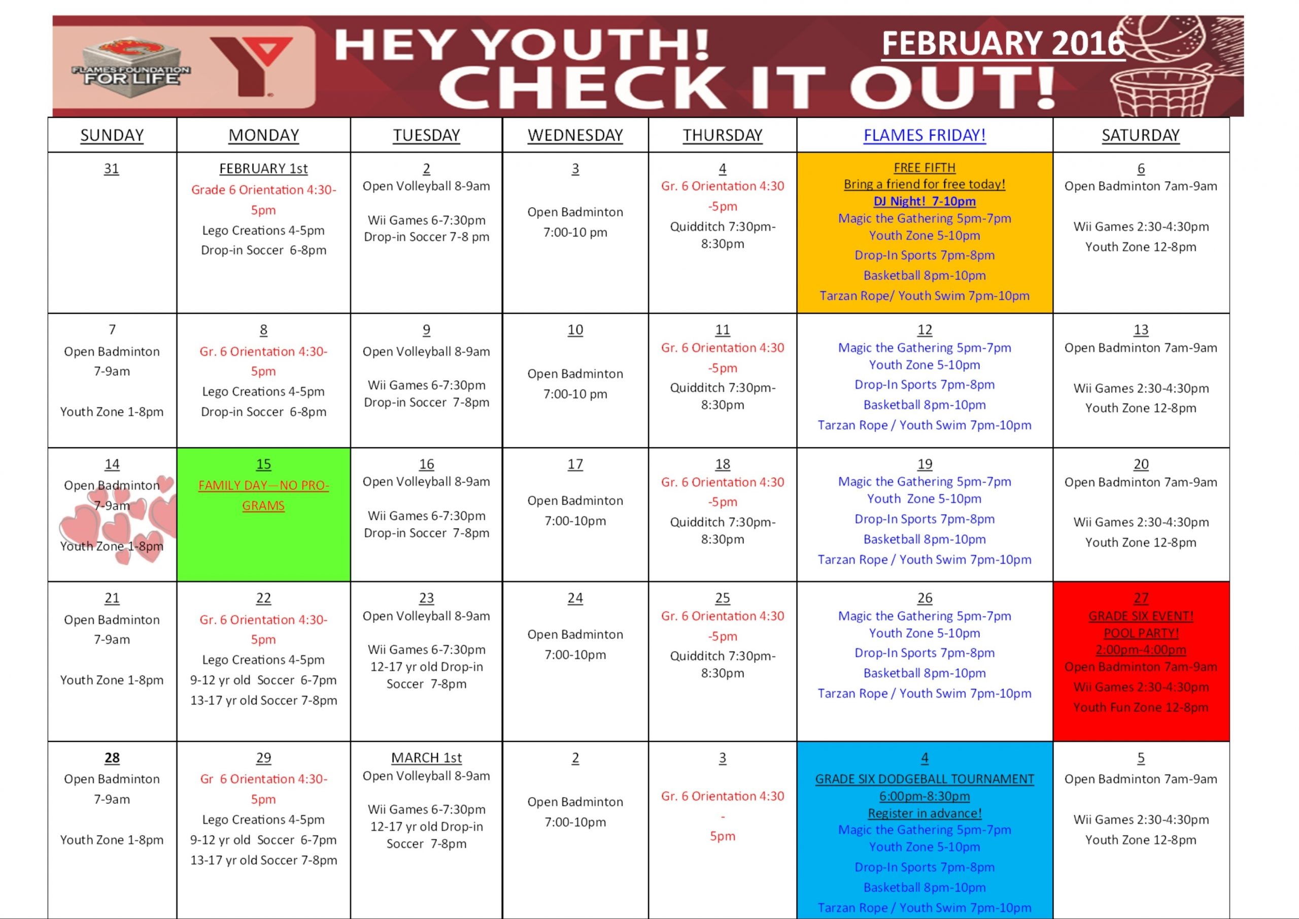 Grade 6 February Calendar | Ymca Calgary