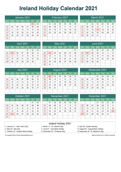 Ireland Holiday Calendar Horizintal Grid Sunday To