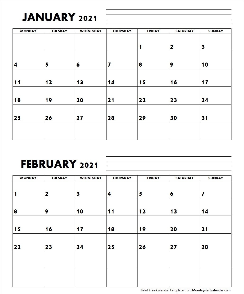 Jan Feb 2021 Calendar Monday Start | Editable Two Months