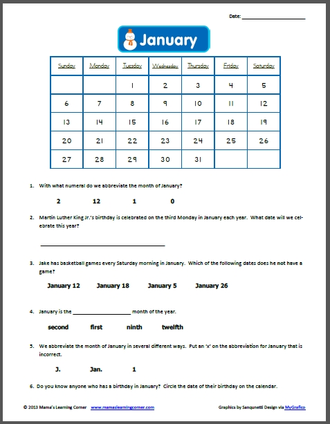 January 2013 Calendar Worksheet | Calendar Worksheets