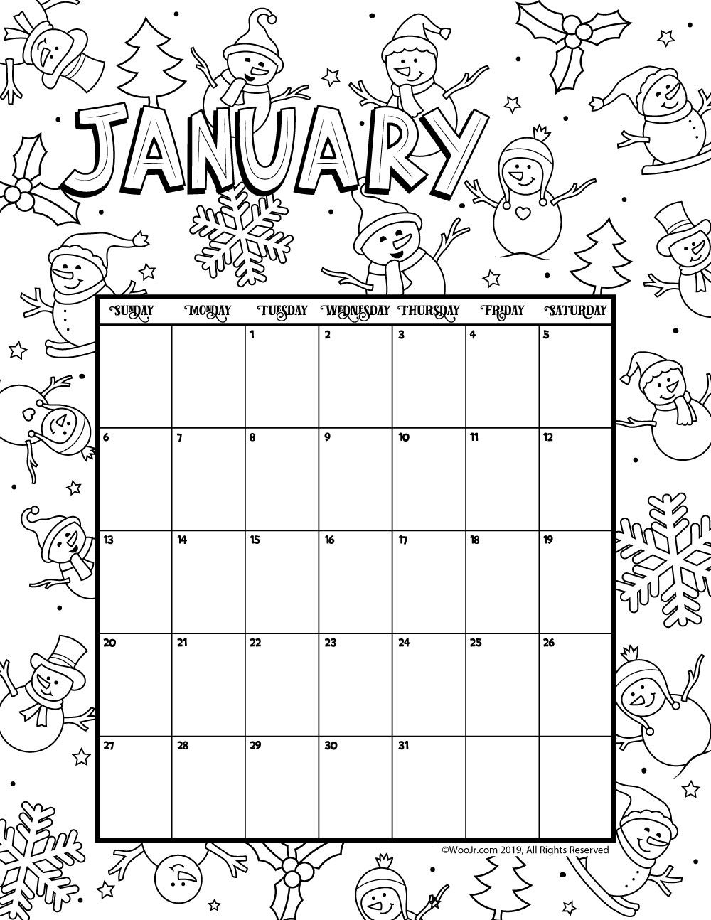 January 2019 Coloring Calendar | Printable Coloring Pages