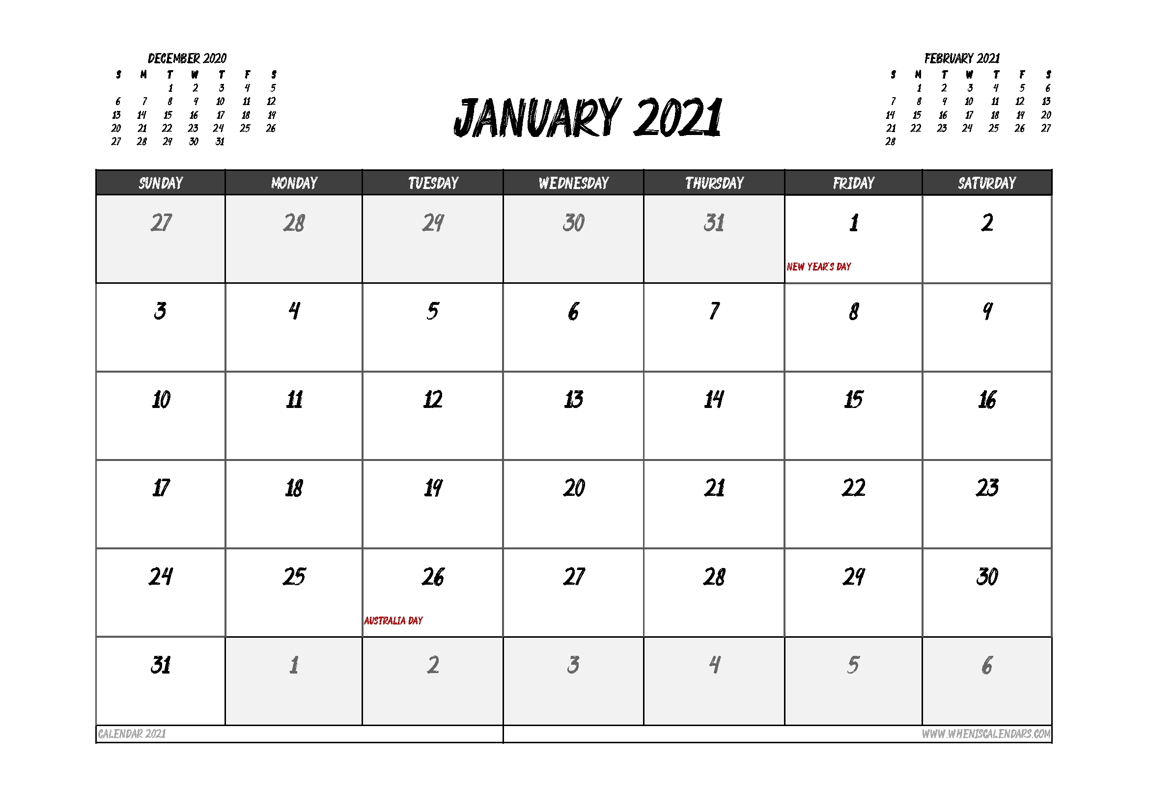 January 2021 Calendar Australia Printable