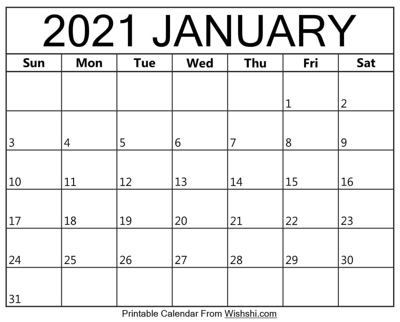 January 2021 Calendar Printable Free Monthly / January