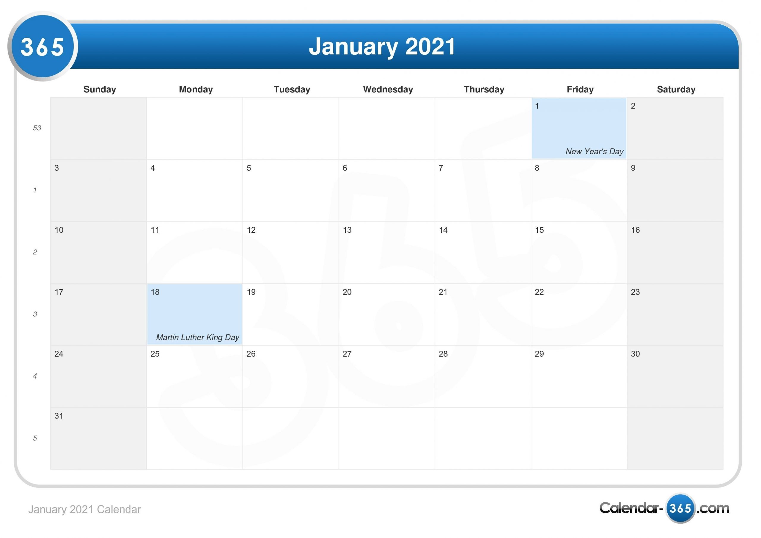 January 2021 Calendar