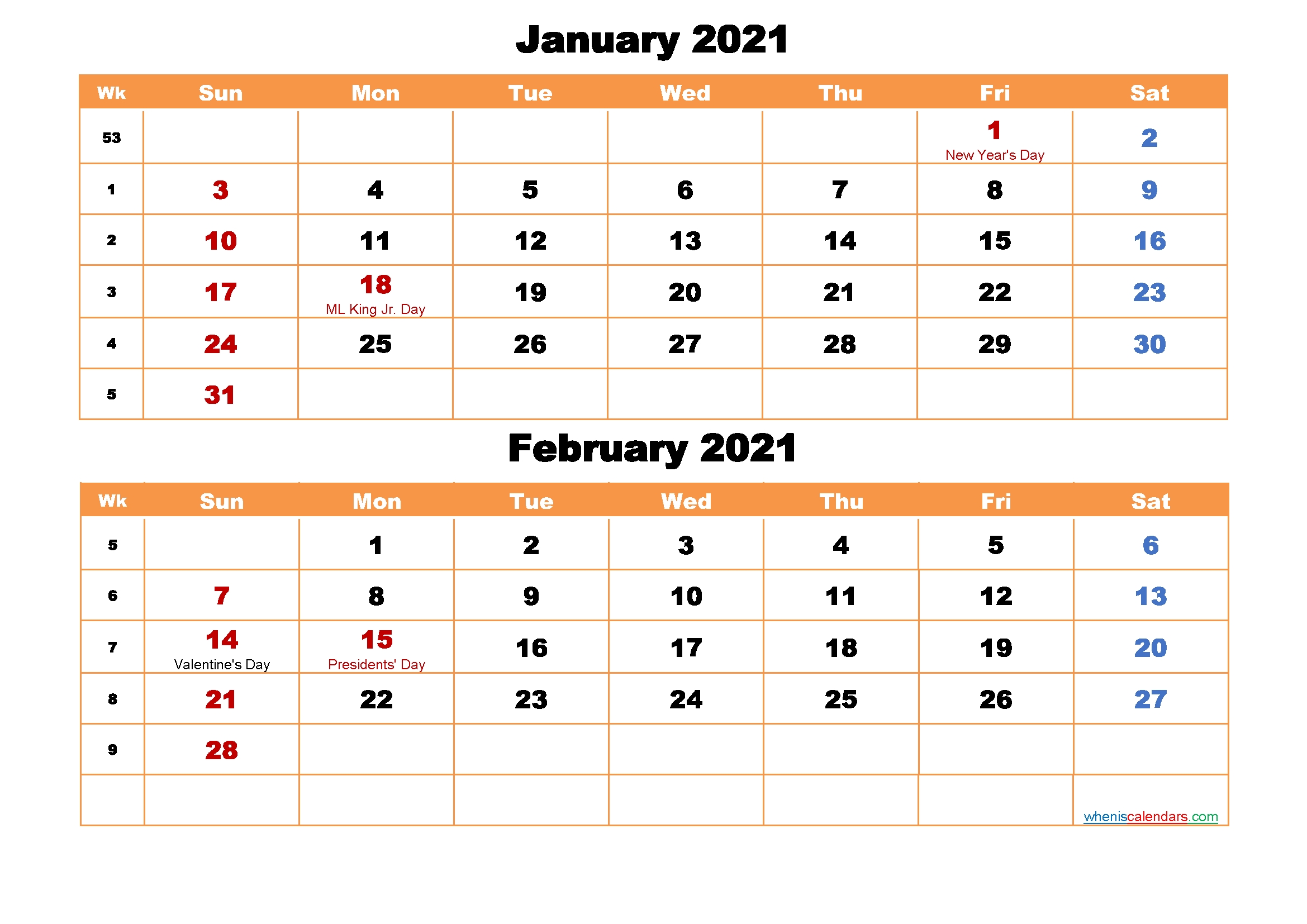 January And February Calendar 2021 Printable Word, Pdf
