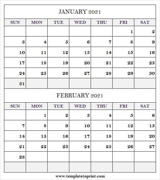 January February 2021 Calendar Template - Blank Calendar