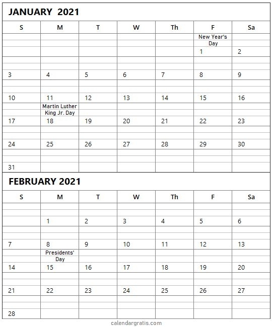 January February 2021 Calendar Template With Usa Holidays