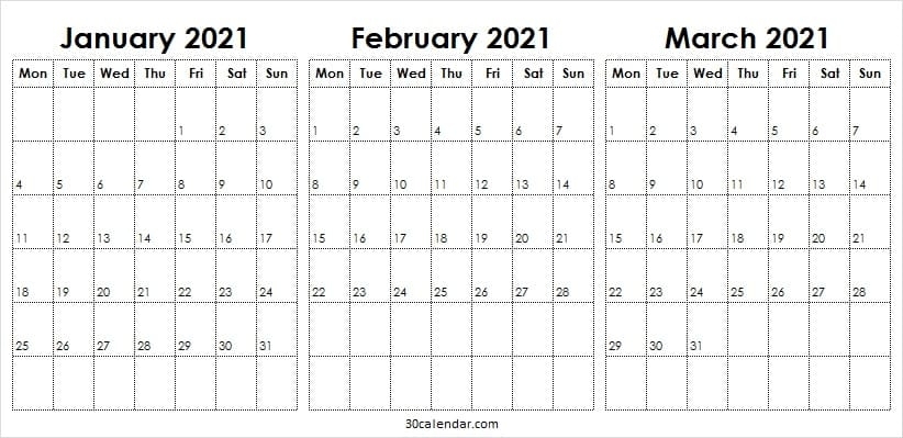 January February March 2021 Calendar - Free Calendar