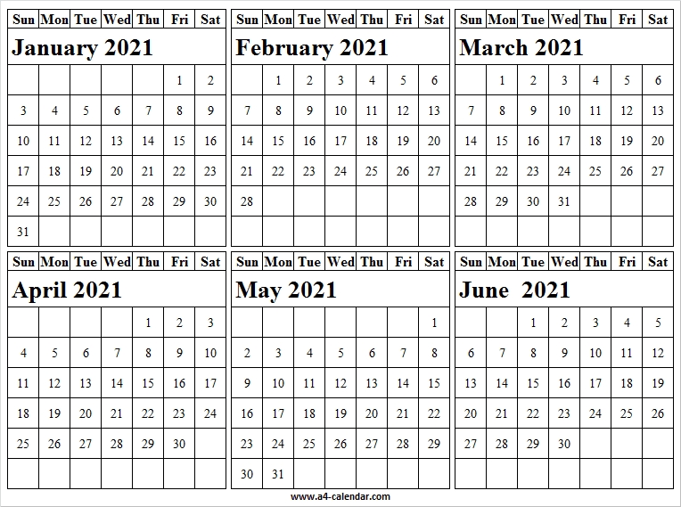 January To June 2021 Calendar Vertical - Blank Calendar