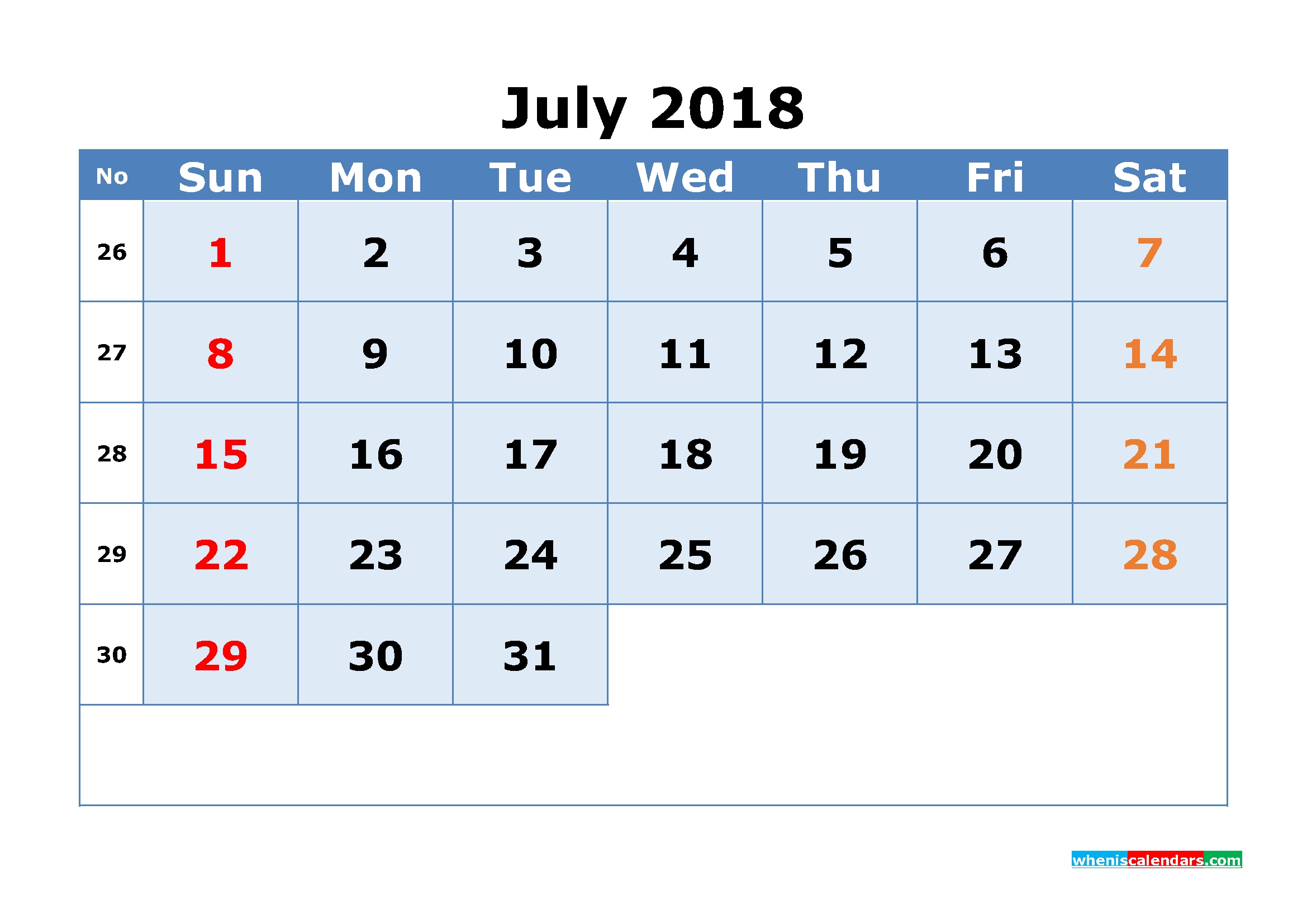 July 2018 Calendar With Week Numbers Printable 1 Month