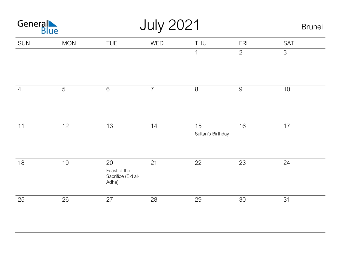 July 2021 Calendar - Brunei