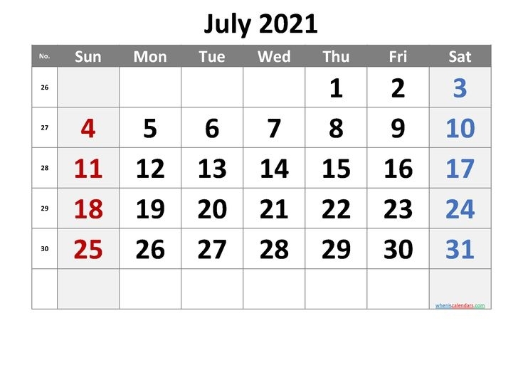 July 2021 Printable Calendar With Week Numbers [Free