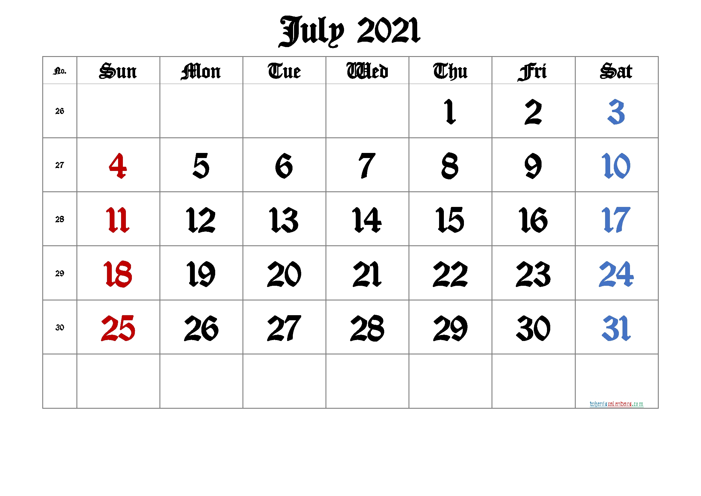 July 2021 Printable Calendar With Week Numbers [Free