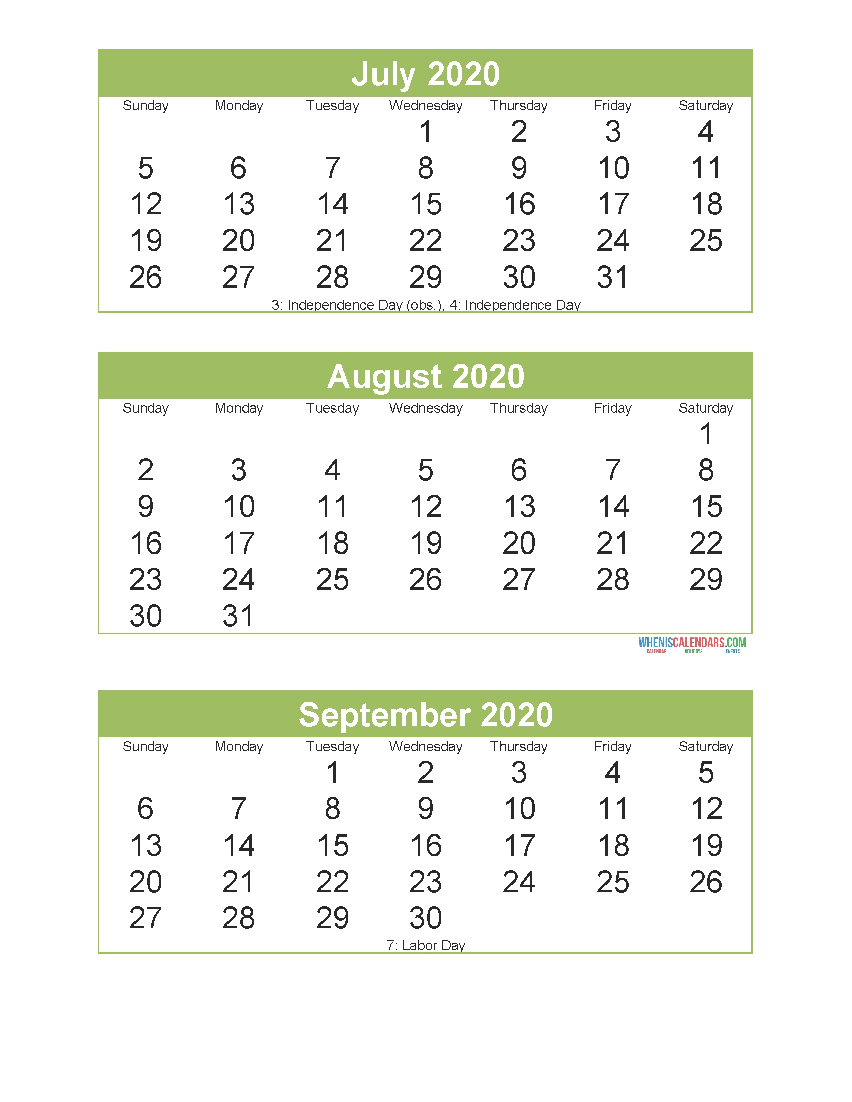 July August September 2020 Calendar 3 Months Per Page