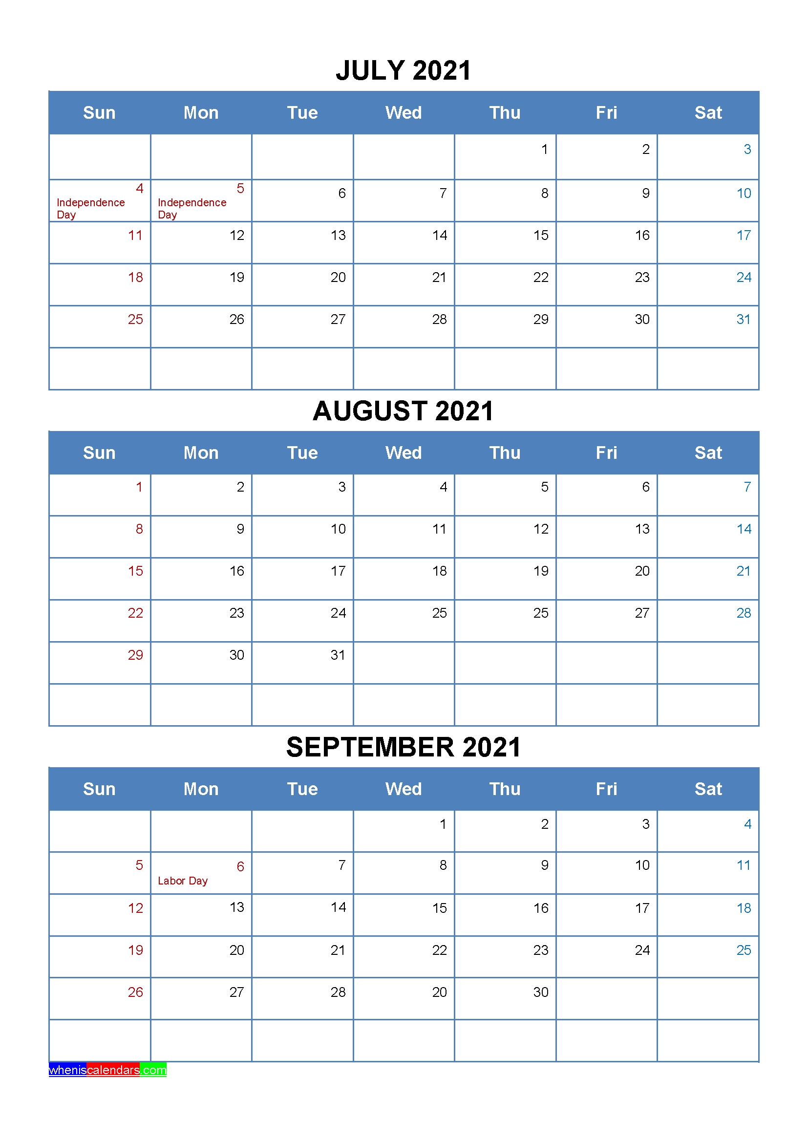 July August September 2021 Calendar With Holidays [Four