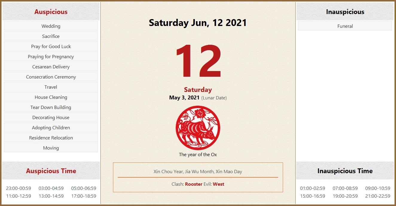 June 12, 2021 Almanac Calendar: Auspicious/Inauspicious