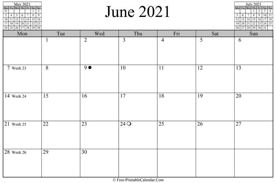 June 2021 Calendar (Horizontal Layout)
