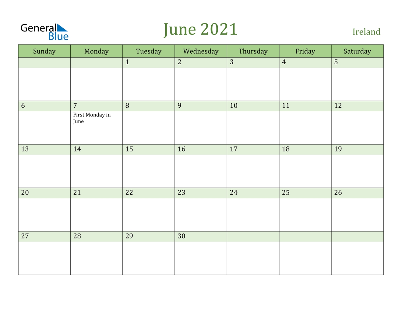June 2021 Calendar - Ireland