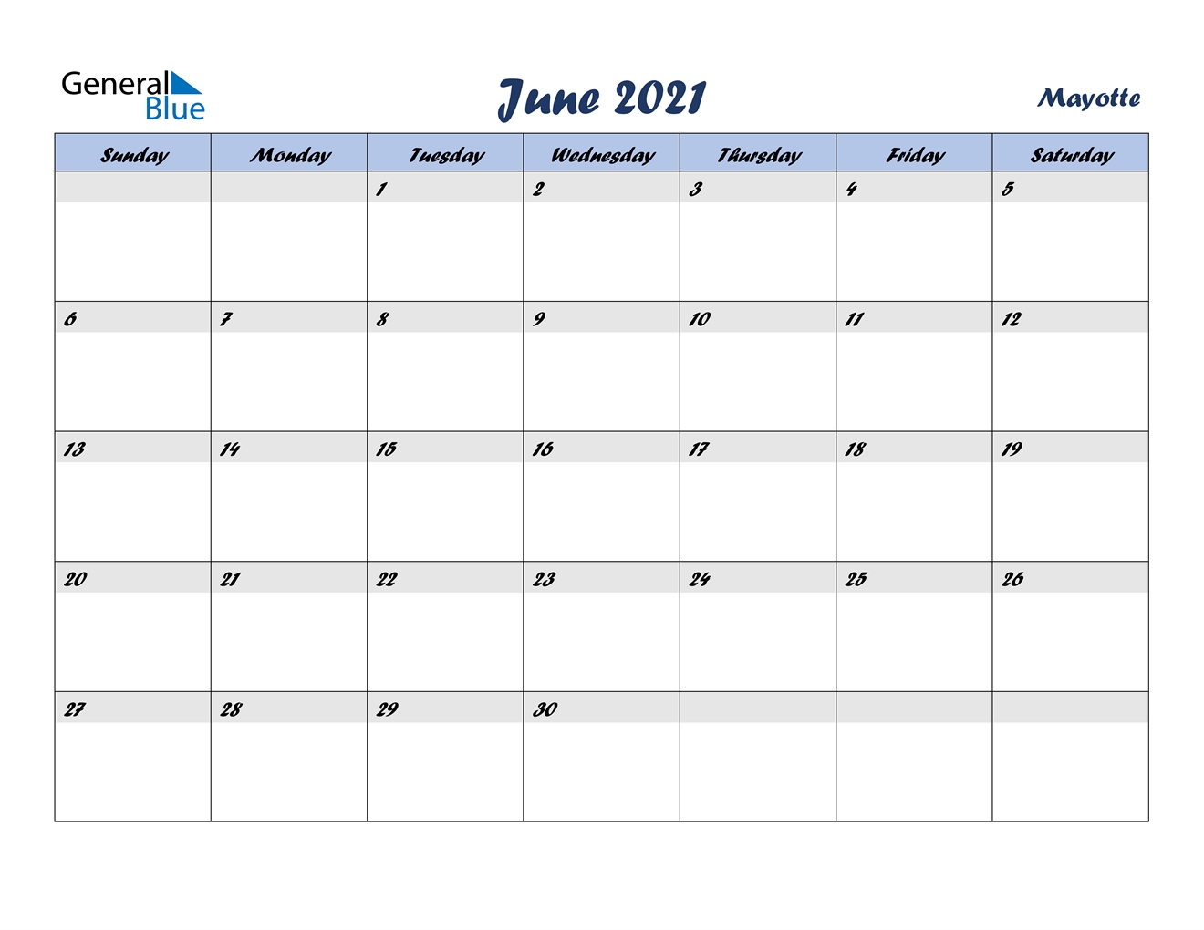 June 2021 Calendar - Mayotte