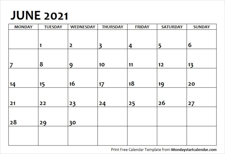June 2021 Calendar Monday Start | June Month Template