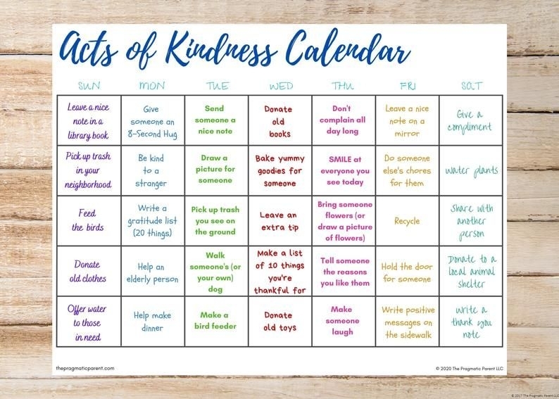 Kids&#039;S Acts Of Kindness Calendar Kindness Calendar | Etsy