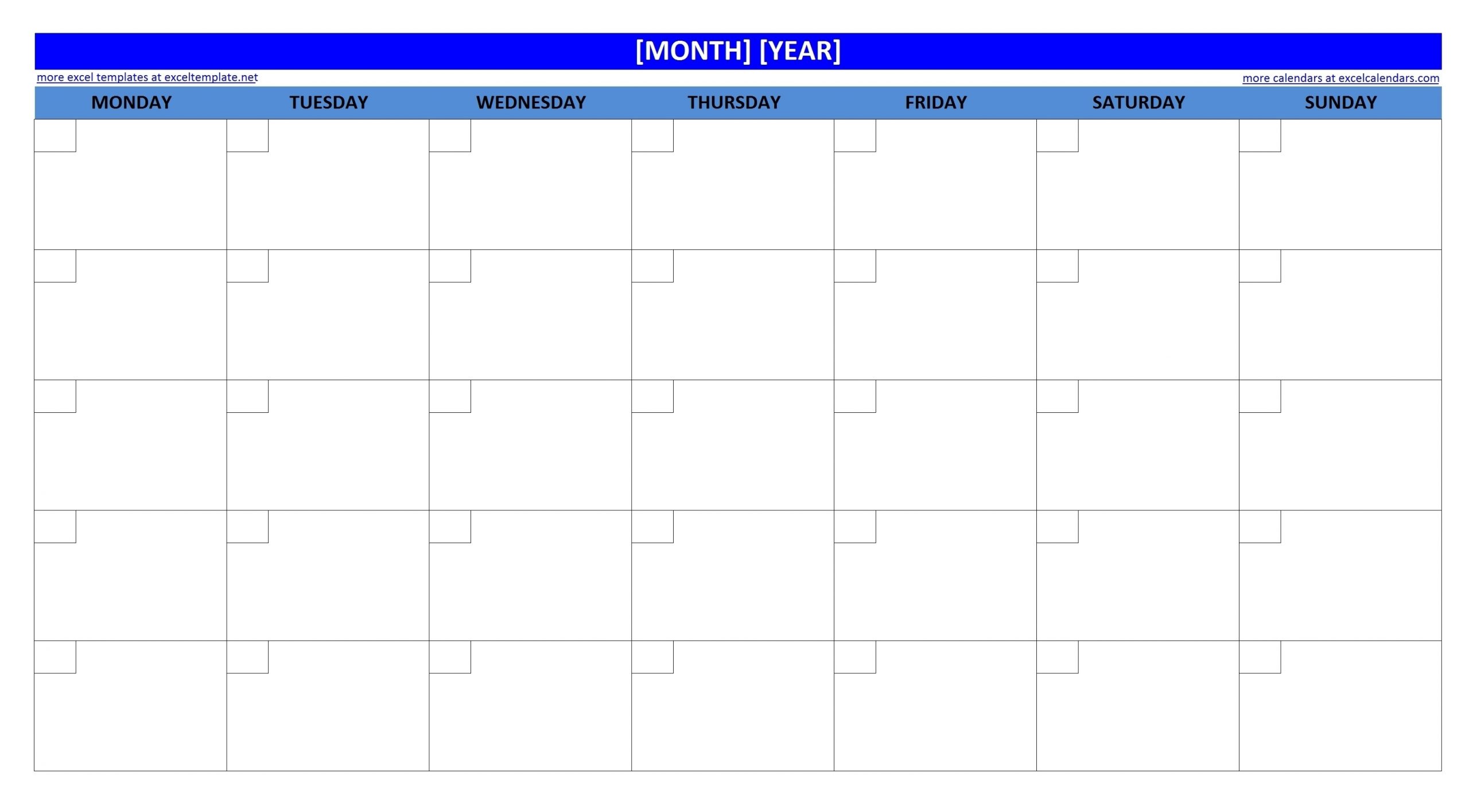 Large Empty Monthly Calendar Monday Start - Template