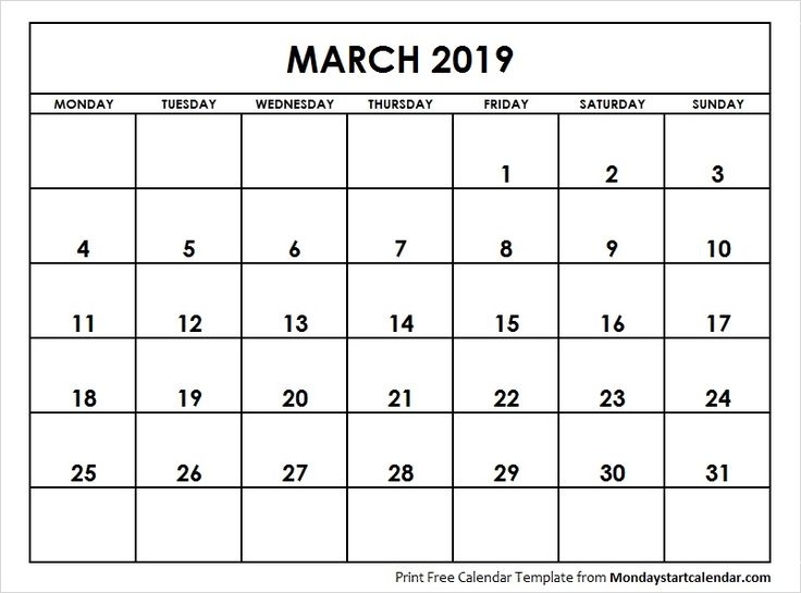 March 2019 Calendar Starting Monday | Calendar, 2019