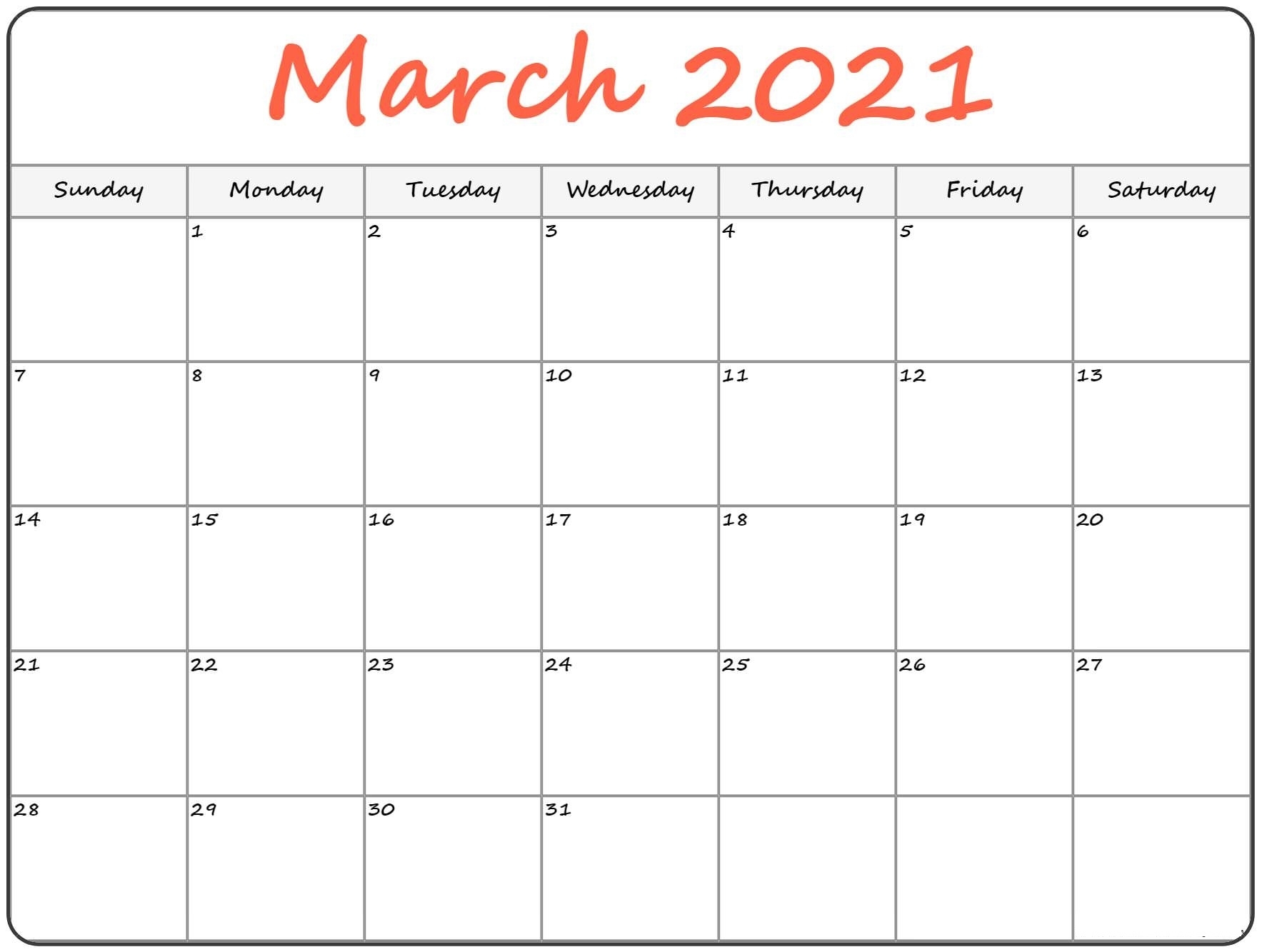 March 2021 Printable Calendar Notes Templates - One