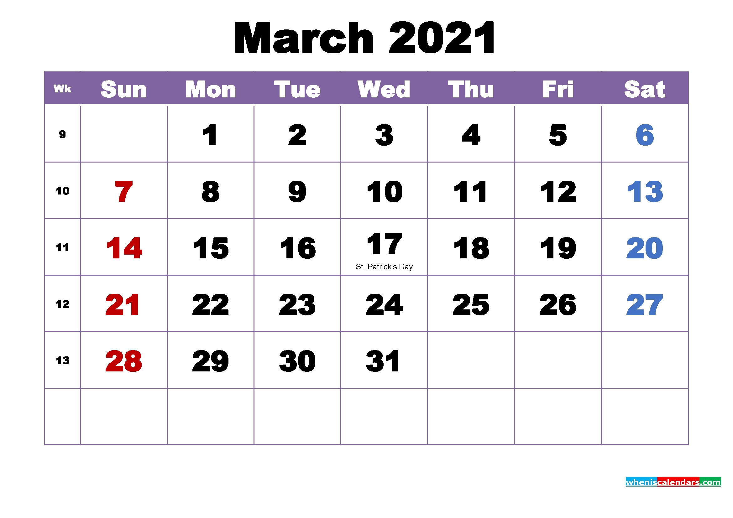 March 2021 Printable Calendar With Holidays Word, Pdf