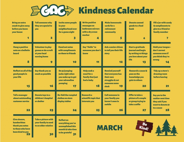 March Kindness Calendar - Gold Arrow Camp - California