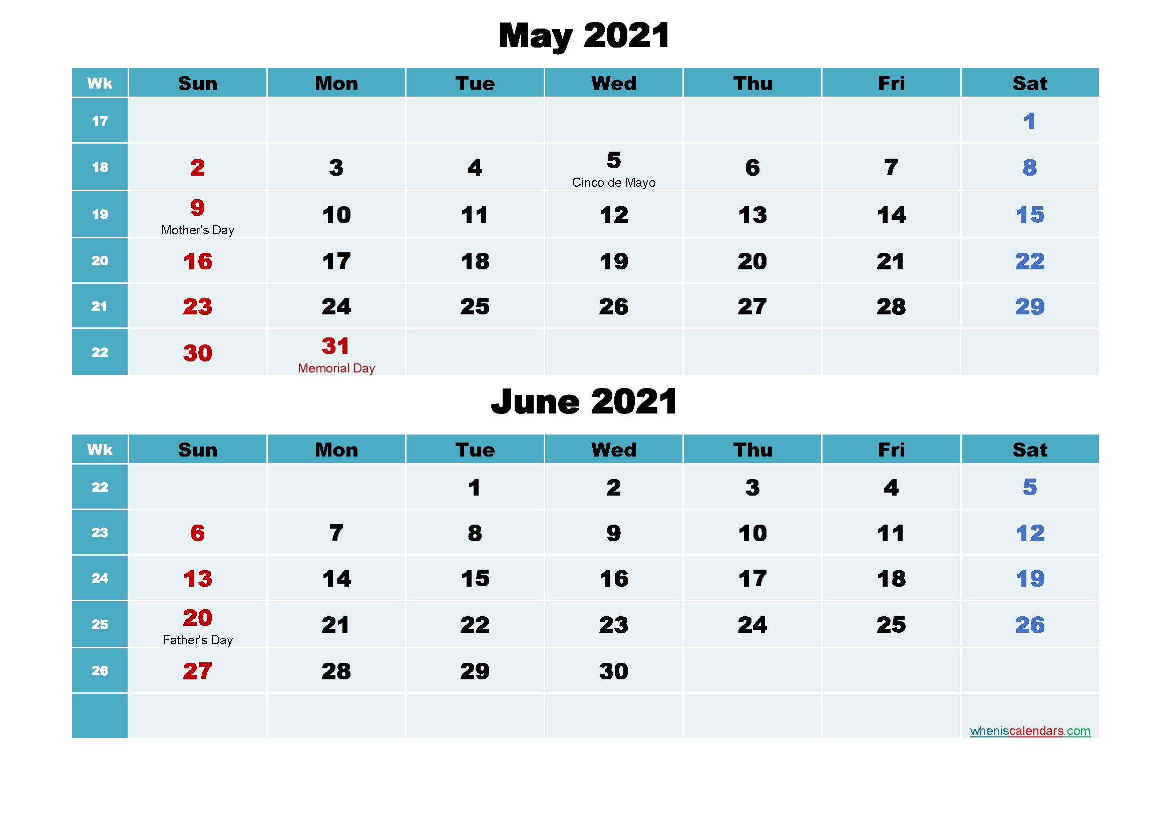 May And June 2021 Calendar With Holidays