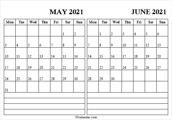 May June 2021 Calendar With Notes - May Calendar 2021 Print
